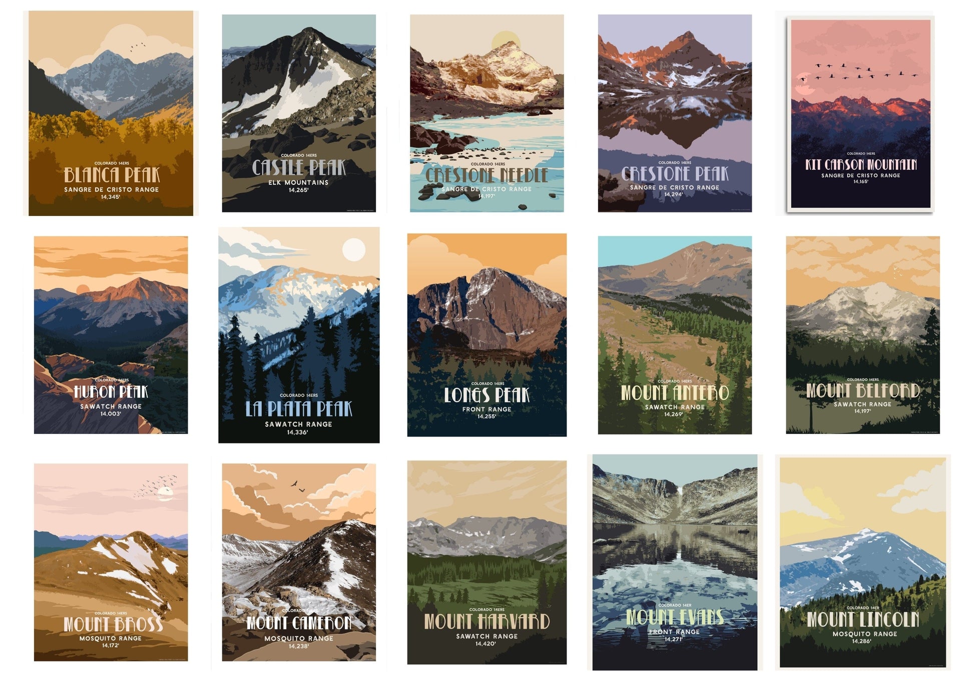 Colorado 14er Retro Style Poster, 58 Peaks Of The Rockies Map World Vibe Studio 