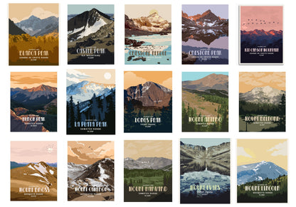 Colorado 14er Retro Style Poster, 58 Peaks Of The Rockies Map World Vibe Studio , postcard size