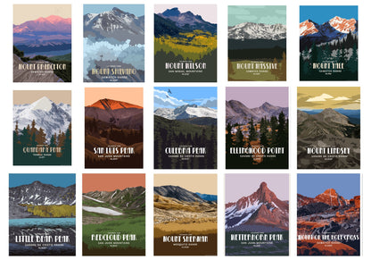 Colorado 14er Retro Style Poster, 58 Peaks Of The Rockies Map World Vibe Studio 