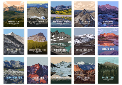 Colorado 14er Retro Style Poster, 58 Peaks Of The Rockies Map World Vibe Studio 