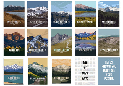 Colorado 14er Retro Style Poster, 58 Peaks Of The Rockies Map World Vibe Studio 