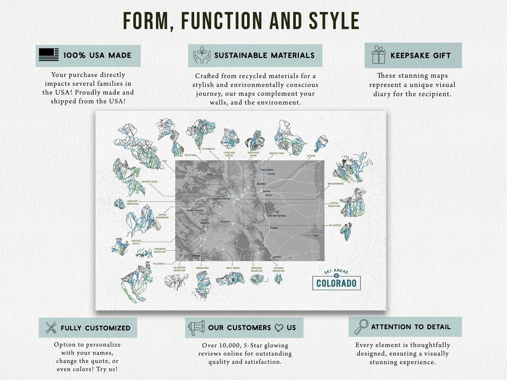 Colorado Ski Area Trails, Gift for Skier and Snowboarder, Colorado Map Map World Vibe Studio 