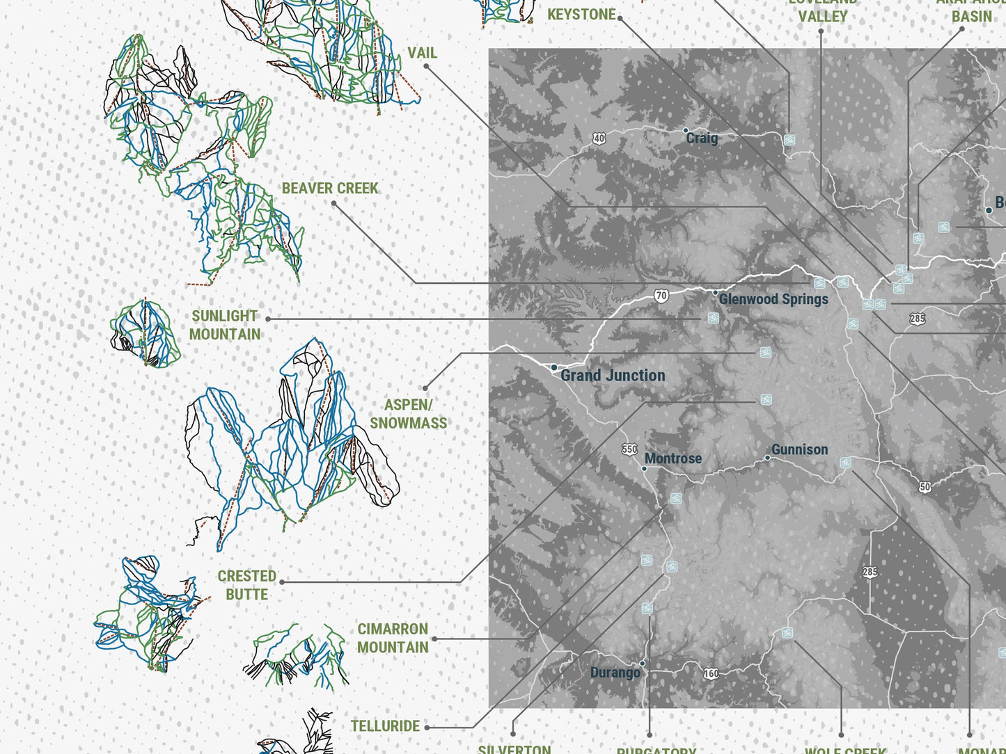 Colorado Ski Area Trails, Gift for Skier and Snowboarder, Colorado Map Map World Vibe Studio 