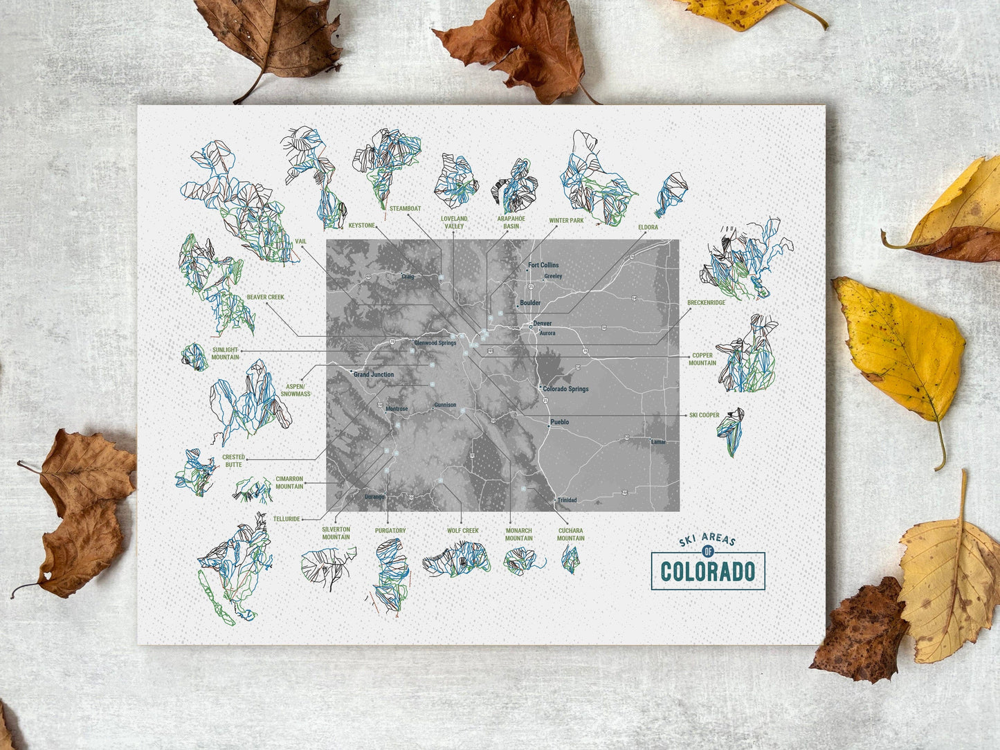 Colorado Ski Area Trails, Gift for Skier and Snowboarder, Colorado Map Map World Vibe Studio 12X16 Watercolor Paper 