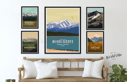 Colorado 14er Retro Style Poster, 58 Peaks Of The Rockies Map World Vibe Studio 