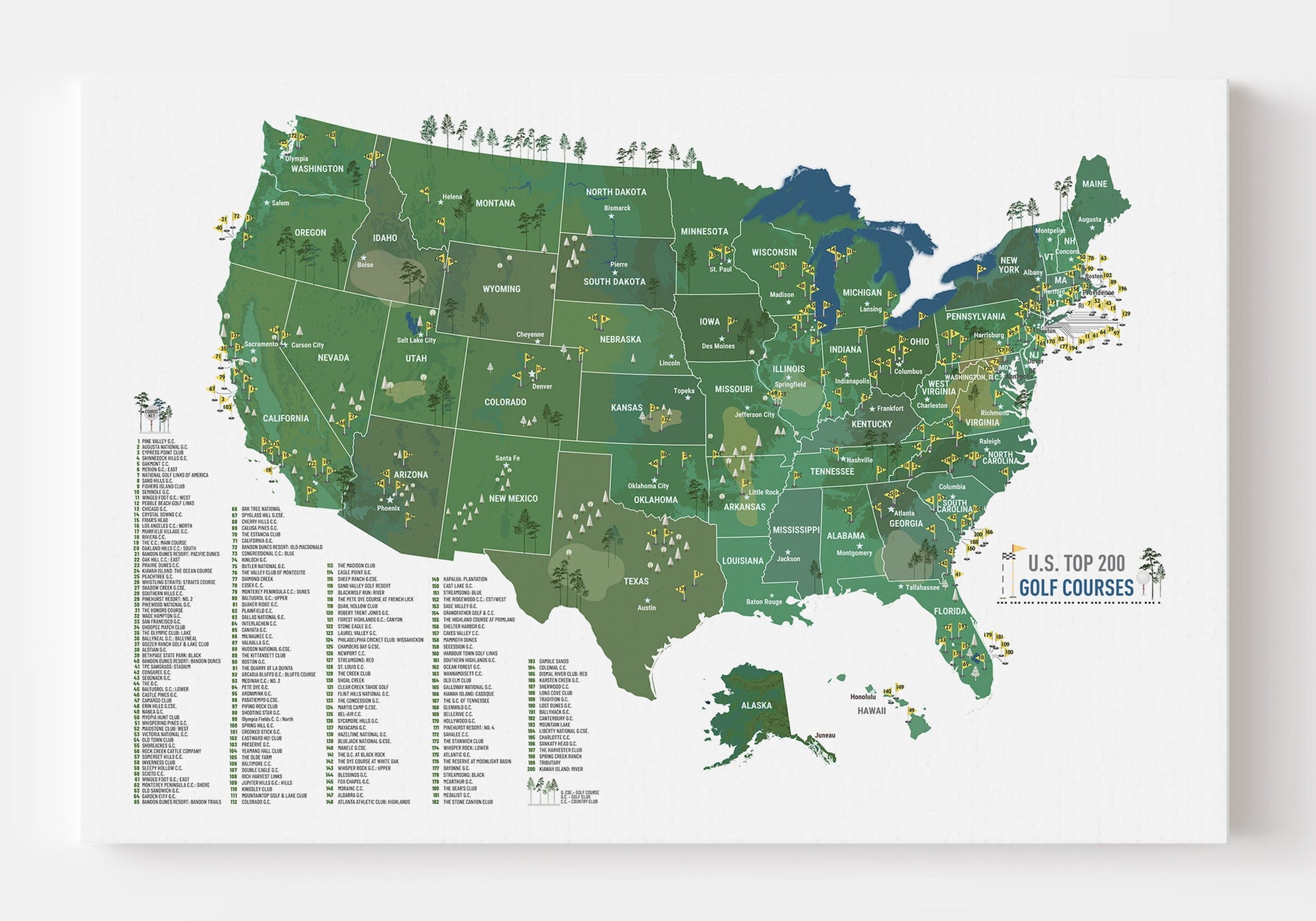 Golf Map of USA, Personalized, Push Pin Board, CANVAS, Top 200 COURSES Map OrderDesk 