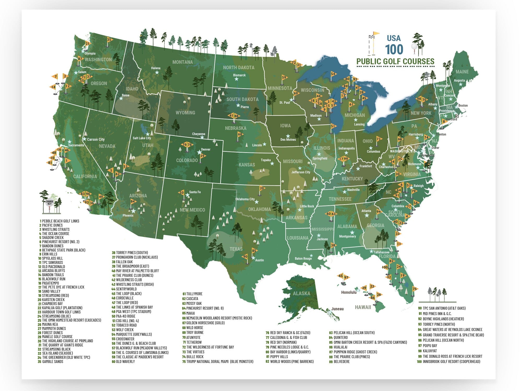 PUBLIC Golf Course, 100 PUBLIC Courses in the USA, Push Pin CANVAS ...