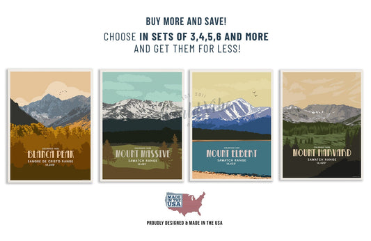 Colorado Fourteeners Posters, Saver Bundle, 58 Peaks Of The Rockies Map World Vibe Studio 