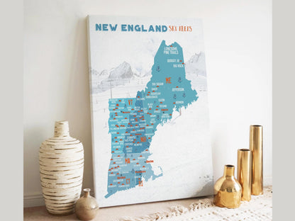 New England Ski Map, Pin Board, Canvas, Personalized Map World Vibe Studio 