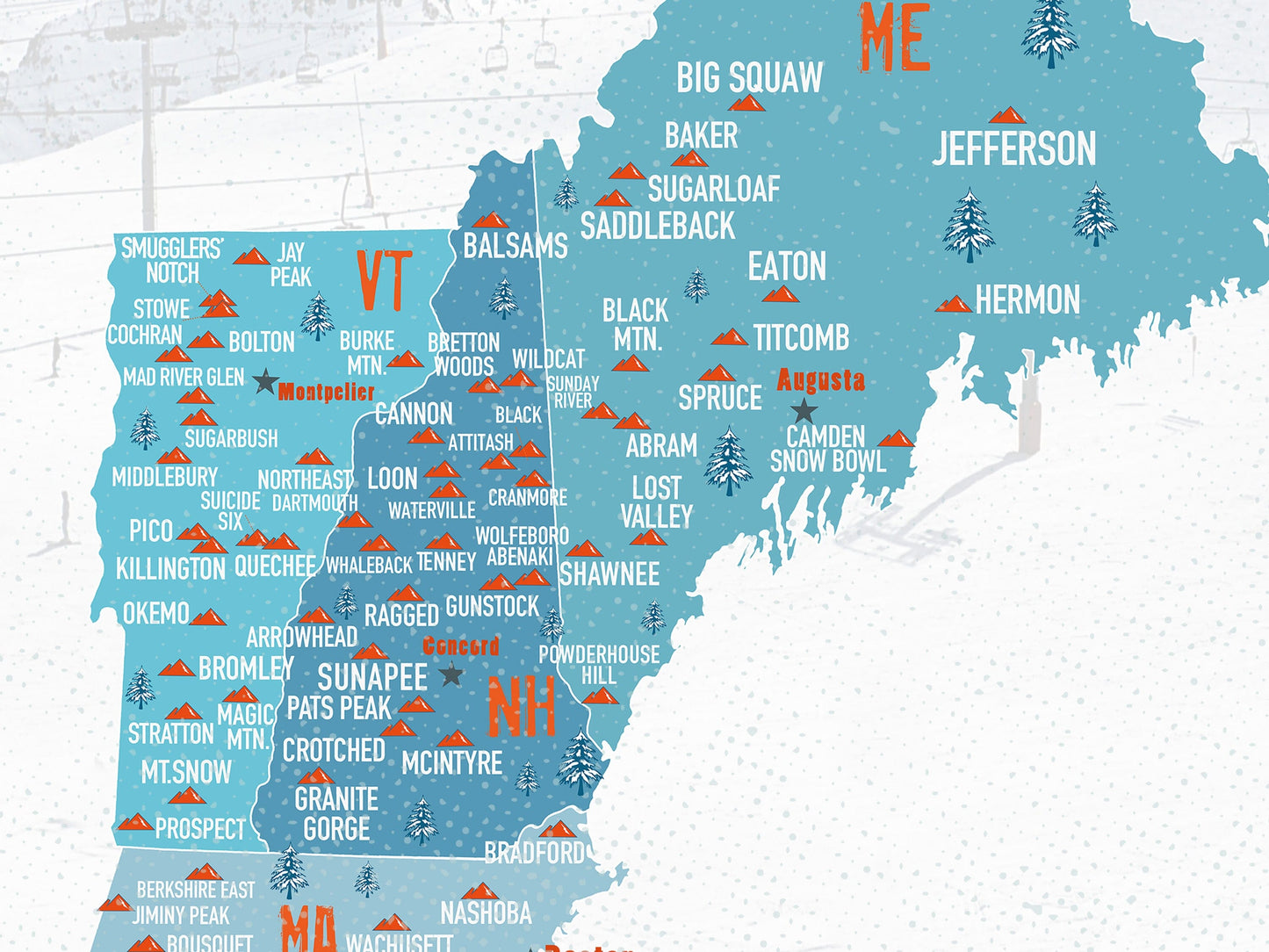 New England Ski Map, Pin Board, Canvas, Personalized Map World Vibe Studio 