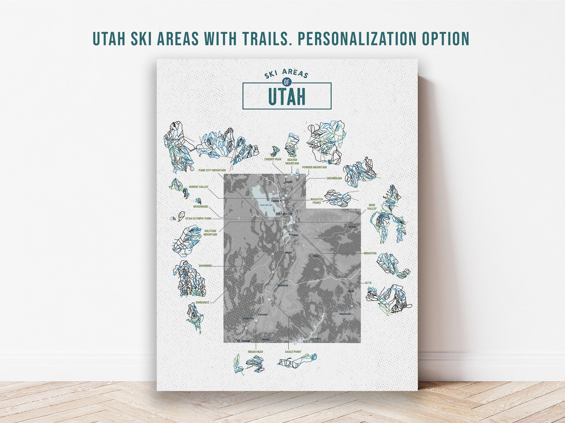 Utah Ski Area Trails, Gift for Skier and Snowboarder, Paper and Canvas Options Map World Vibe Studio 12X16 Watercolor Paper 