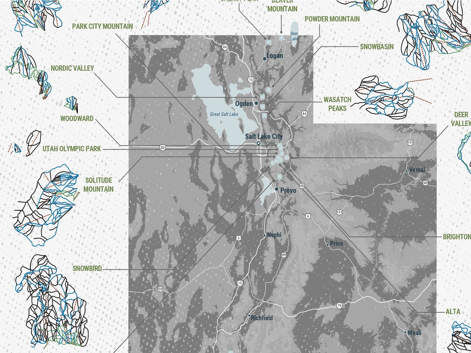 Utah Ski Area Trails, Gift for Skier and Snowboarder, Paper and Canvas Options Map World Vibe Studio 