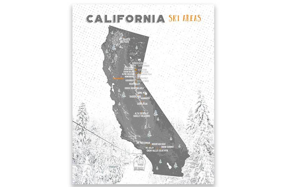 California Ski Map, Wall Art Poster Map World Vibe Studio 11X14 Grays 