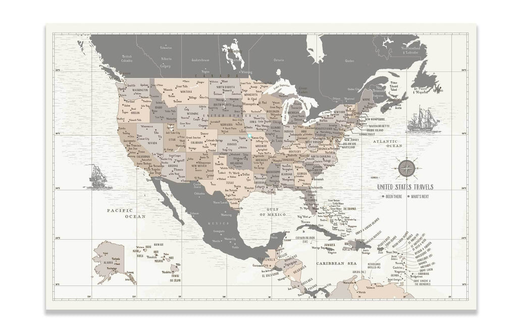 USA Map Canvas, Pins included, Caribbean islands – World Vibe Studio