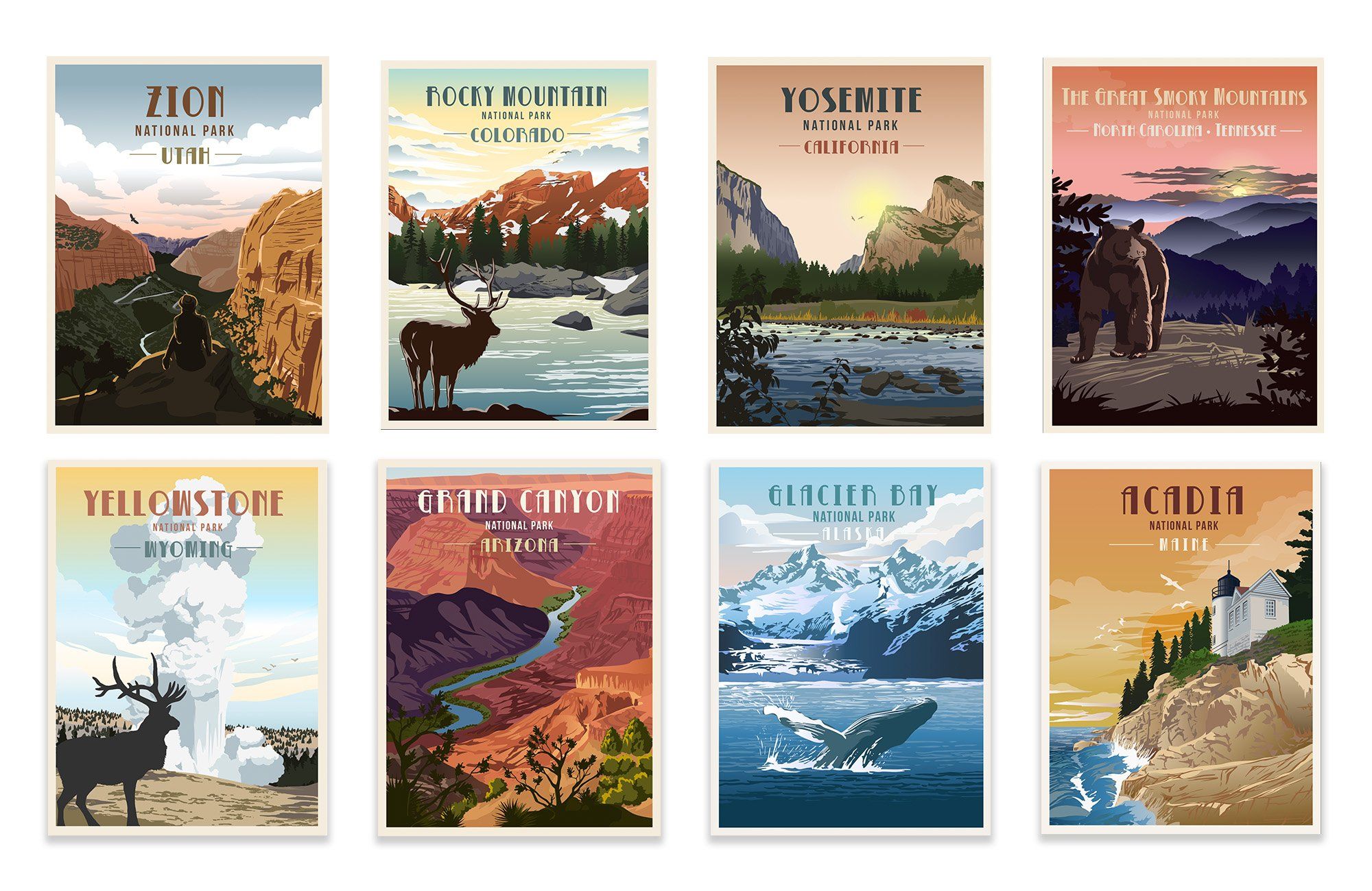 National Parks of Montana - 2 Poster Set with - Glacier National Park & Yellowstone popular National Park, Signed by the Artist.