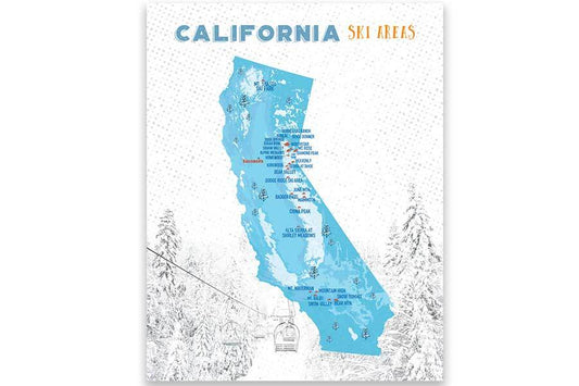 California Ski Map, Wall Art Poster Map World Vibe Studio 11X14 Blues 