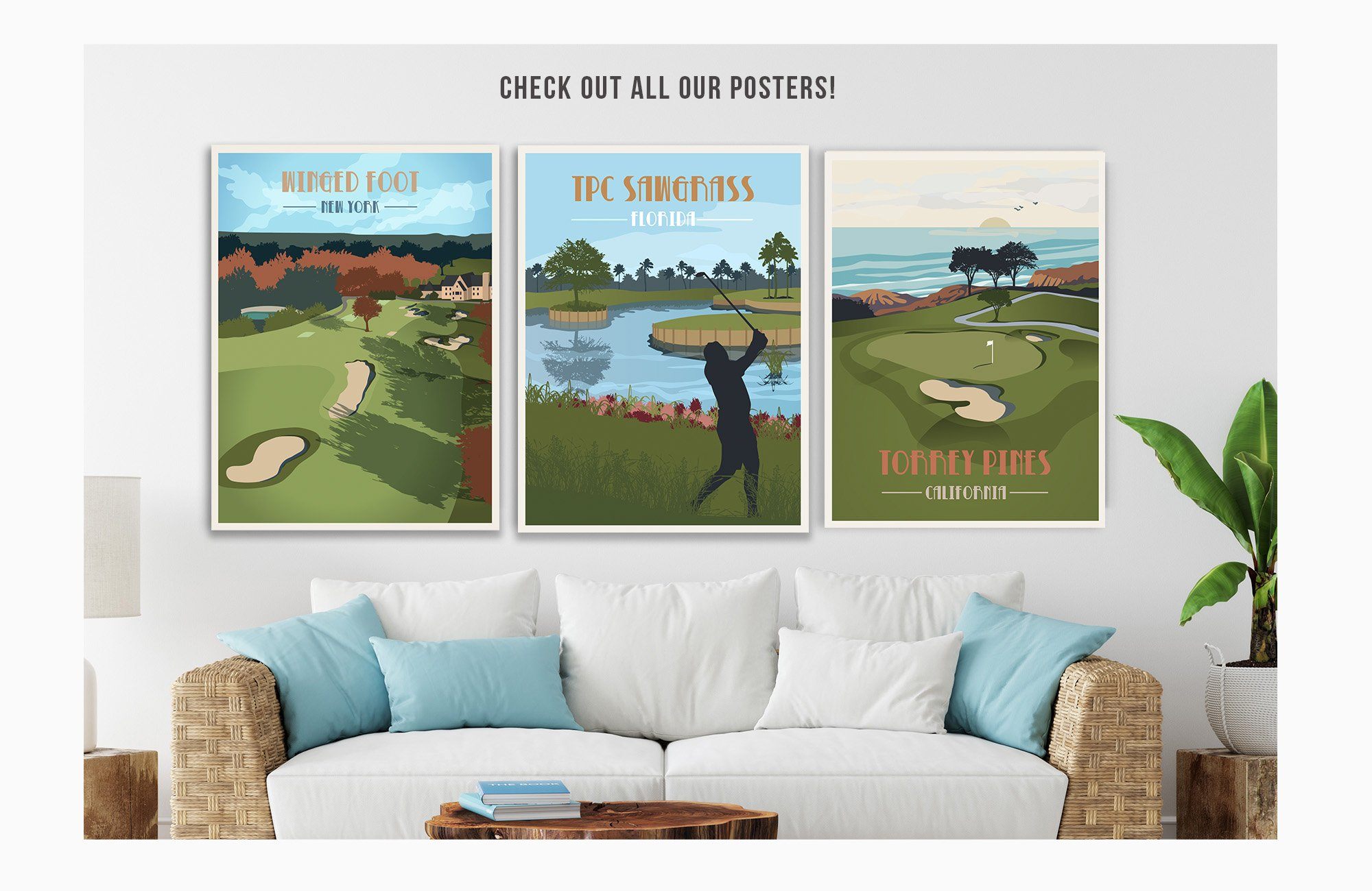 Golf course with golfer and clubs retro poster. - Stock