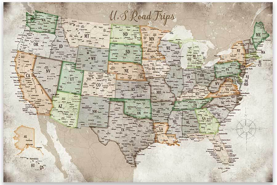 USA Road Trips, Poster, Map of USA Map World Vibe Studio 