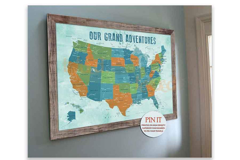 Map of USA, Framed, Push Pin Travel Map - World Vibe Studio